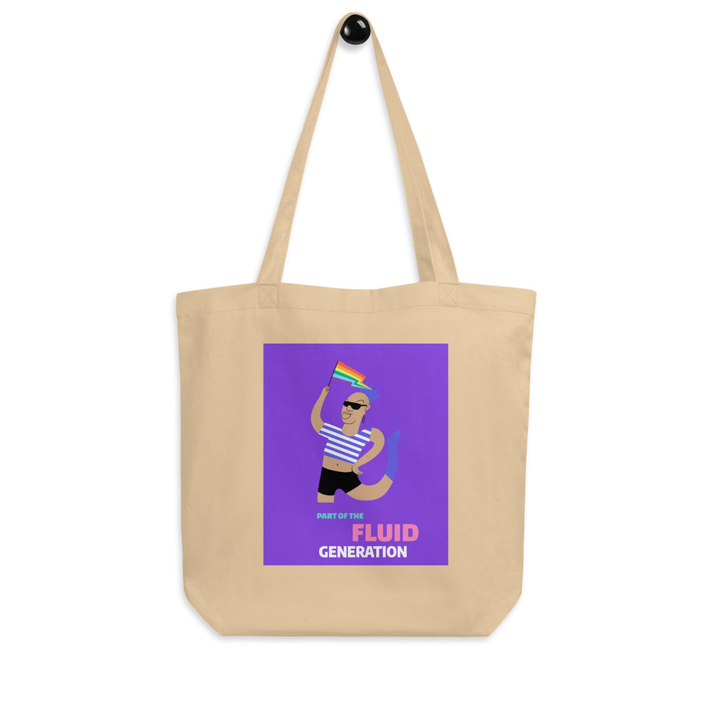Oyster canvas tote bag with a colorful merperson graphic and “PART OF THE FLUID GENERATION” text