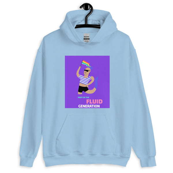 Light blue hoodie on a hanger with a colorful “Part of the Fluid Generation” graphic