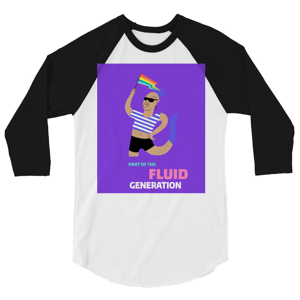 Front view of a white raglan shirt with black three-quarter sleeves and colorful graphic