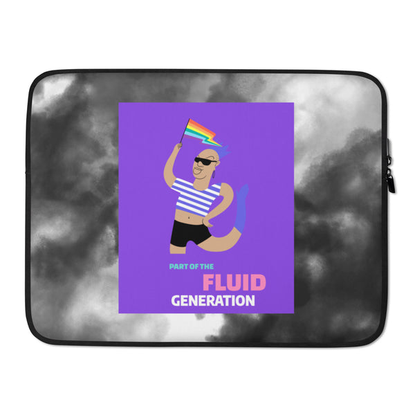Laptop sleeve with a black-and-white cloudy print and purple Fluid Generation graphic