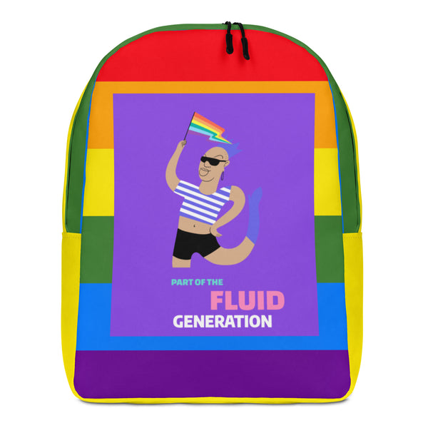 Front view of a rainbow-striped backpack reading “PART OF THE FLUID GENERATION”