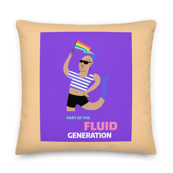 Tan square pillow with purple artwork of a striped-shirt person holding a rainbow flag and “FLUID GENERATION” text