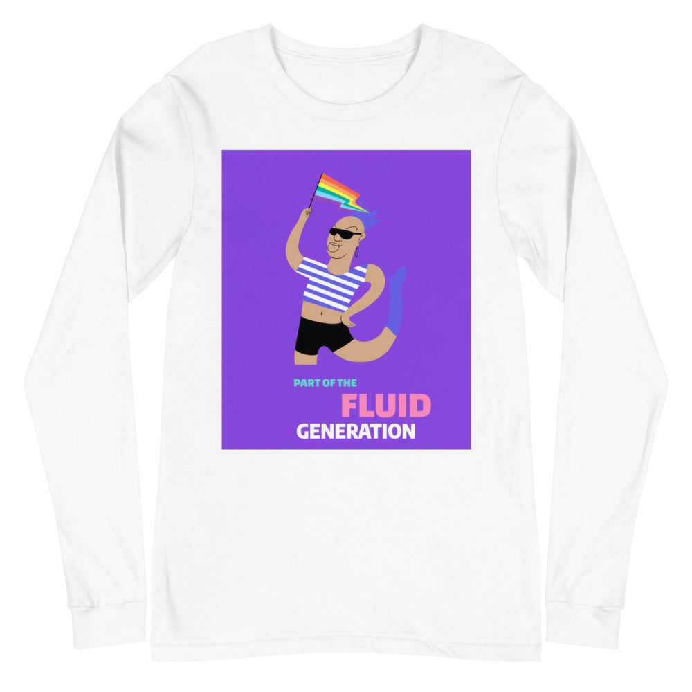 White long-sleeve shirt with a colorful illustration and “PART OF THE FLUID GENERATION” text