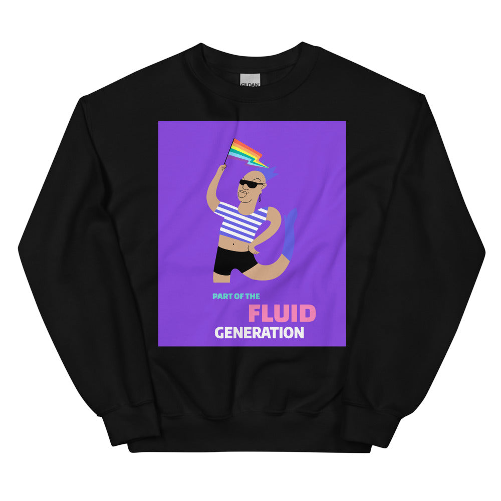 Front view of a black sweatshirt with a colorful illustration and “PART OF THE FLUID GENERATION” text