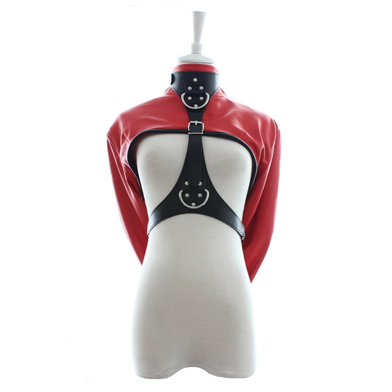 Front view of a mannequin wearing a red leather restraint jacket and black collar harness