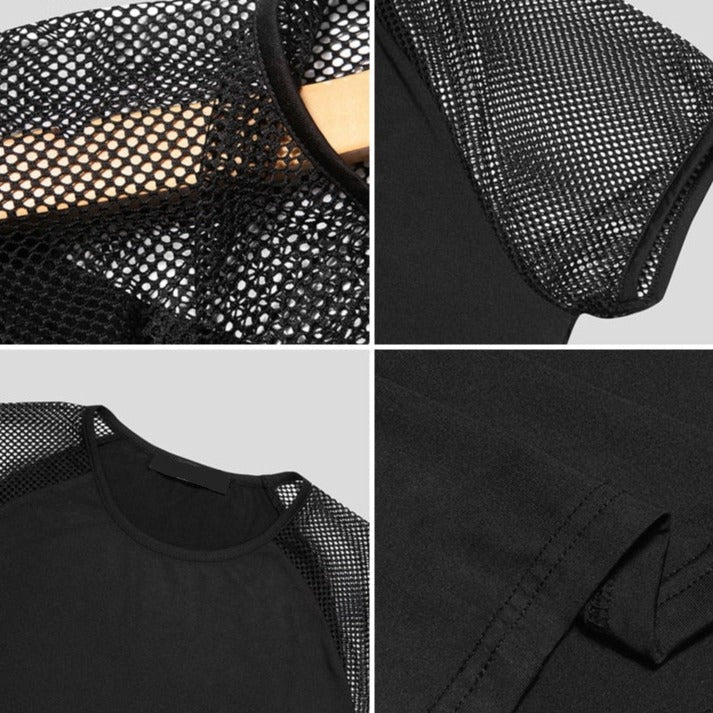 Four-panel close-up of a black T-shirt with mesh panels and stitched seams
