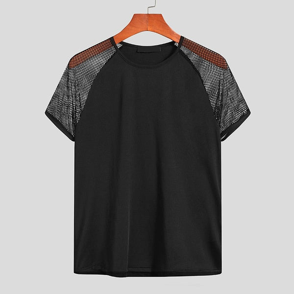 Black T-shirt on a hanger with contrasting mesh raglan sleeves