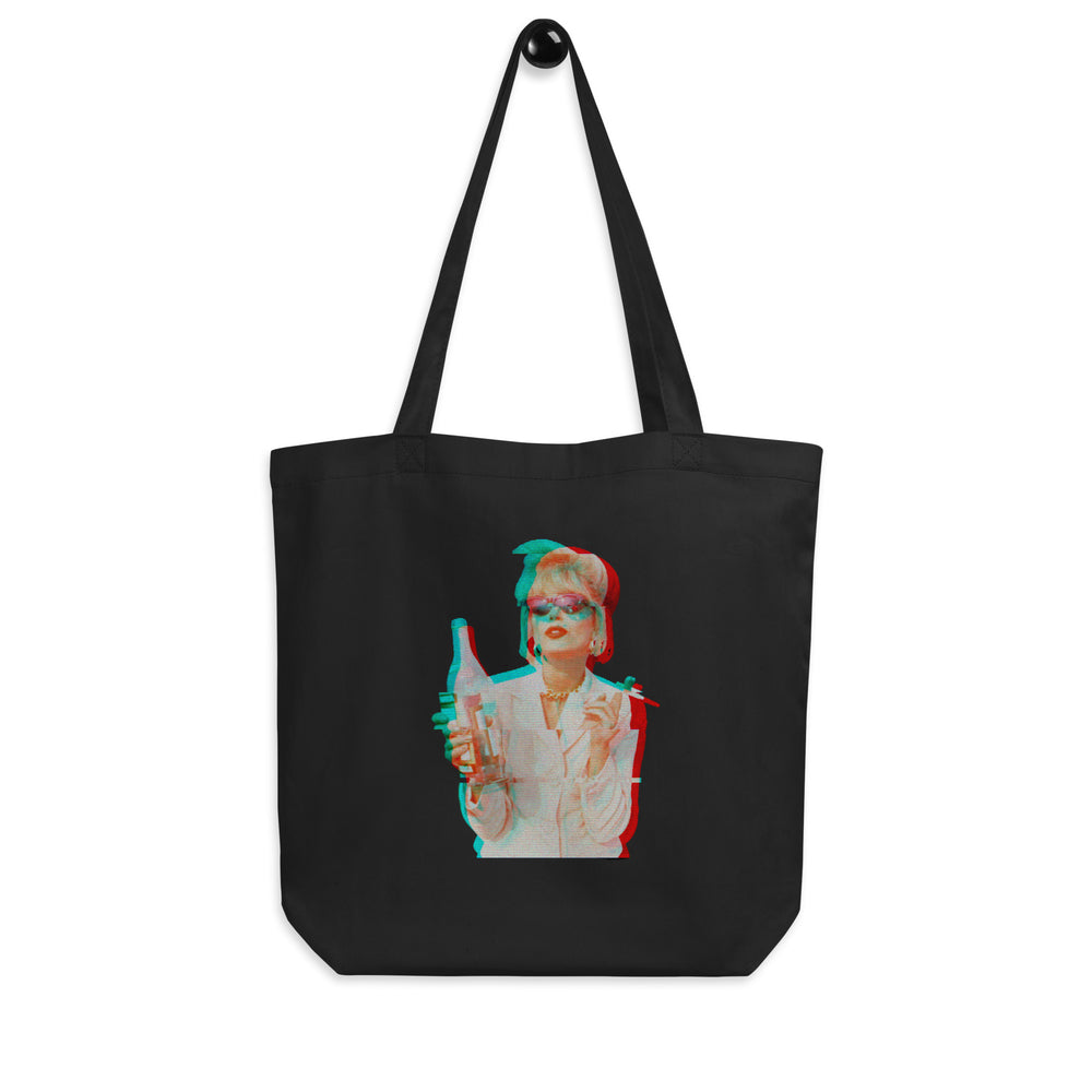 Front view of a black tote bag with a colorful retro portrait of a blonde woman