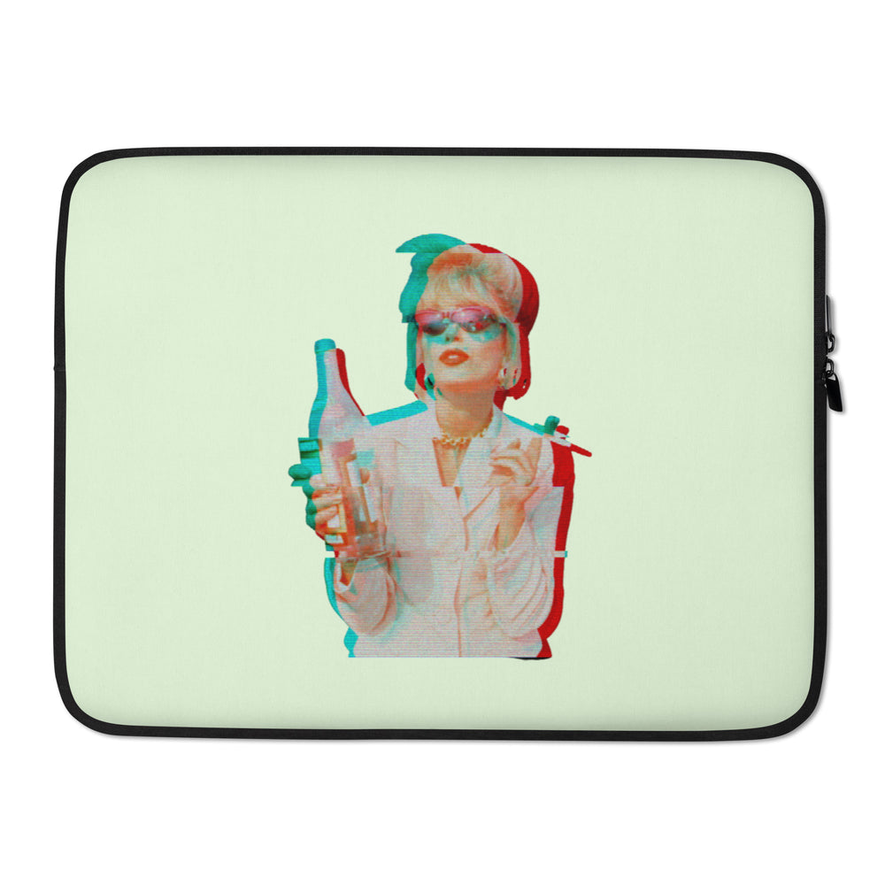 Front view of a pale green laptop sleeve with a retro red-and-blue portrait of a woman holding a drink