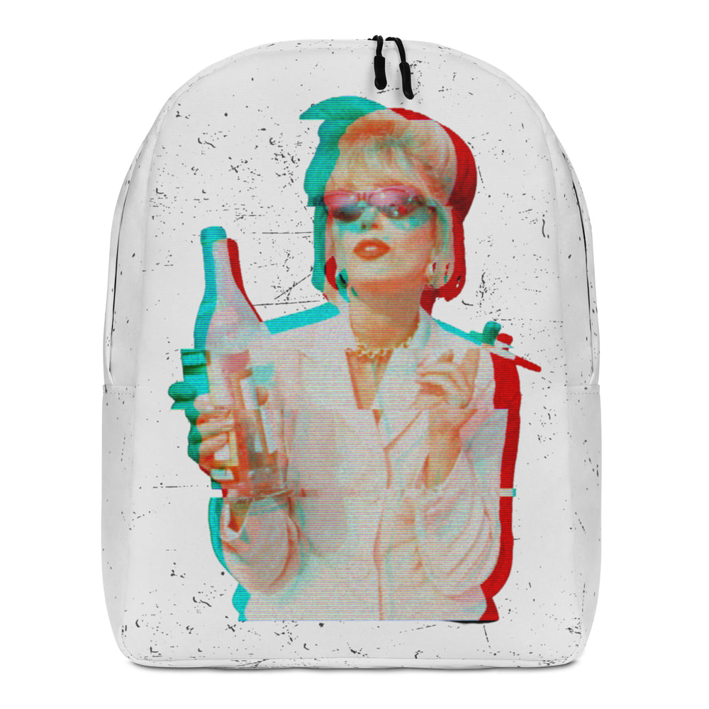 Front view of a white speckled backpack with a colorful retro portrait graphic