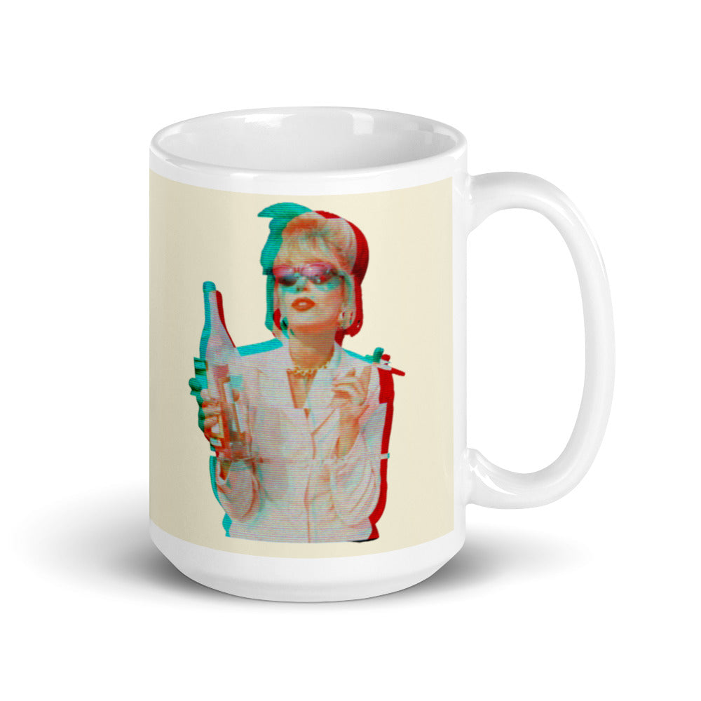 White mug with a retro glitch-style portrait of a blonde woman holding a bottle