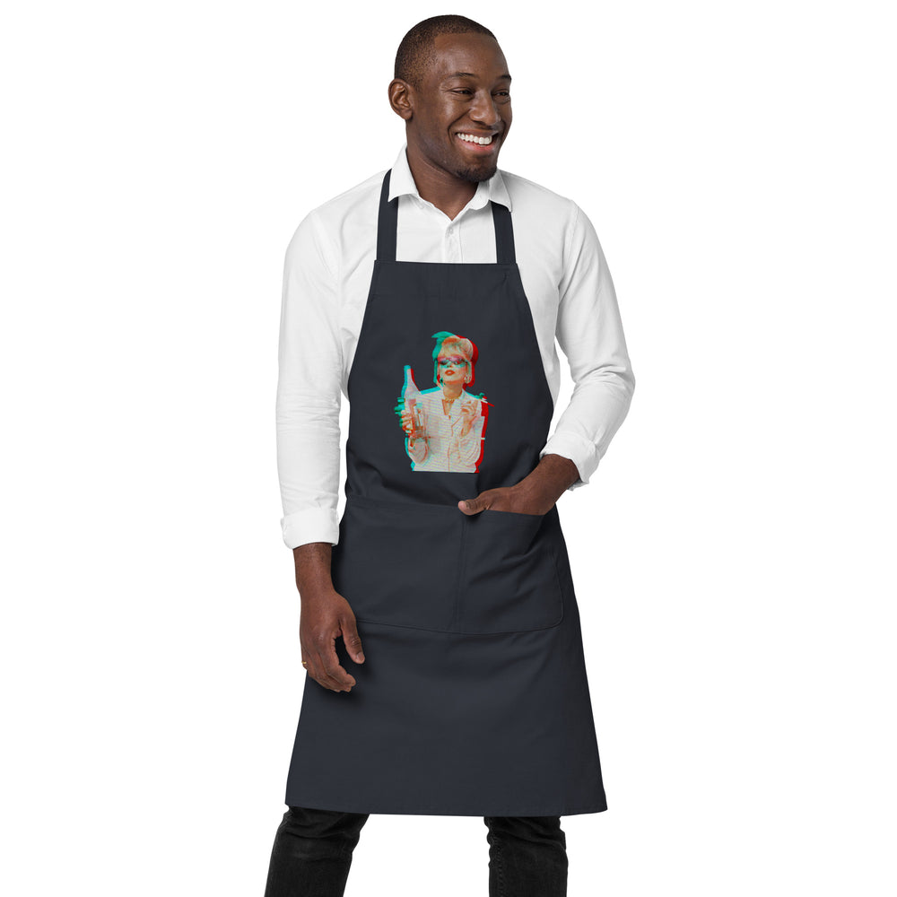 Front view of a black apron modeled over a white shirt, with a colorful person graphic and front pocket