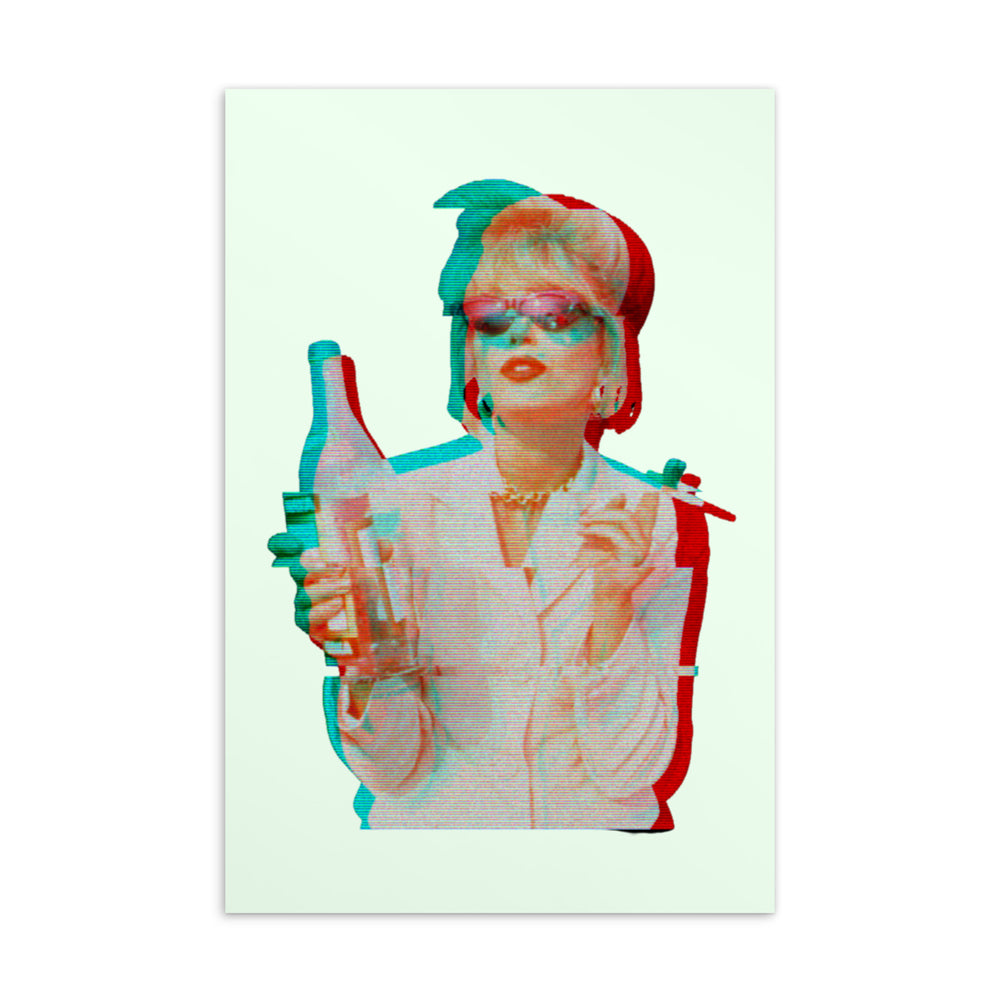 Postcard artwork of a glamorous woman holding a martini glass, rendered in red and cyan offset print