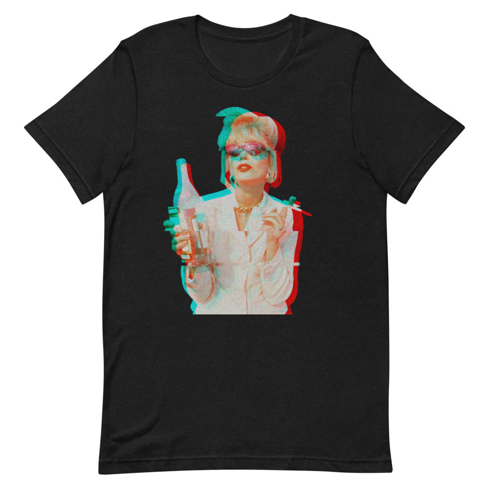 Front view of a black T-shirt with a colorful glitch-style portrait of a woman holding a drink