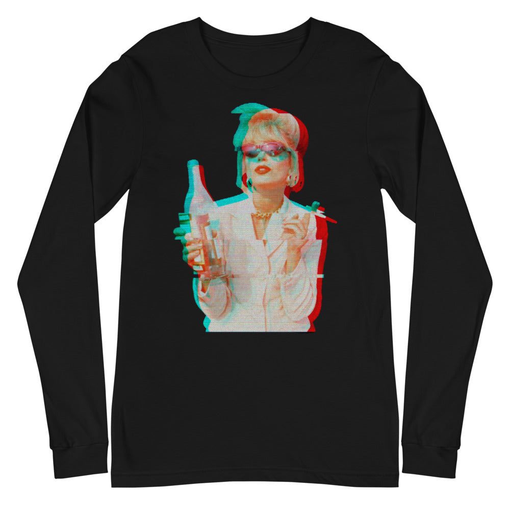 Black long-sleeve T-shirt with a colorful retro portrait of a woman holding a drink