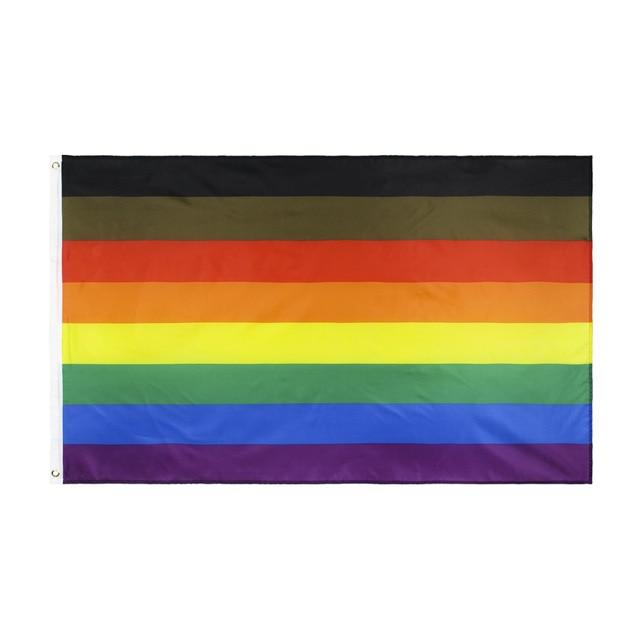 Philadelphia Pride flag with black, brown, red, orange, yellow, green, blue, and purple stripes