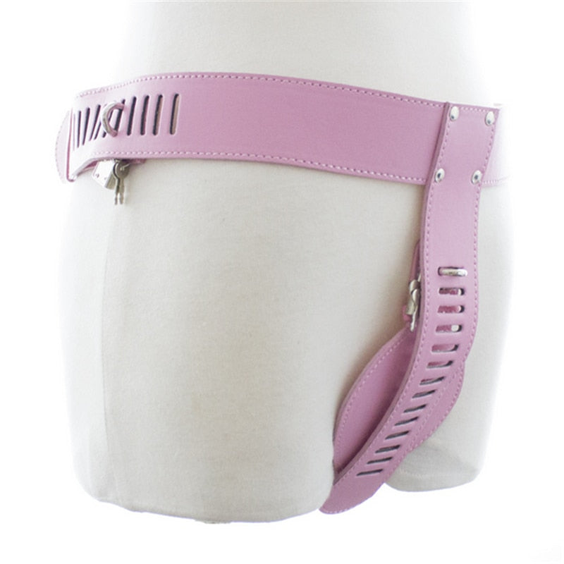 Pink female chastity belt displayed around a white mannequin's lower torso