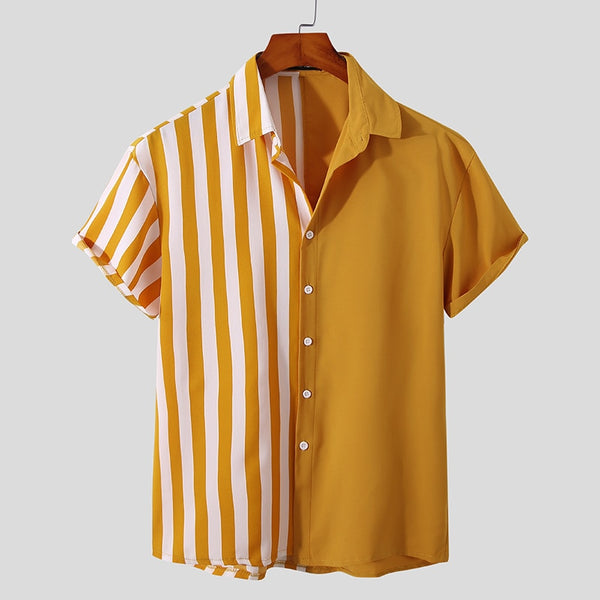 Front view of a mustard shirt split between a solid half and white-striped half