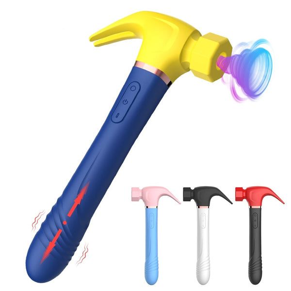 Hammer-shaped vibrating sex toy shown diagonally in navy and yellow, with pink, black, and red variants below