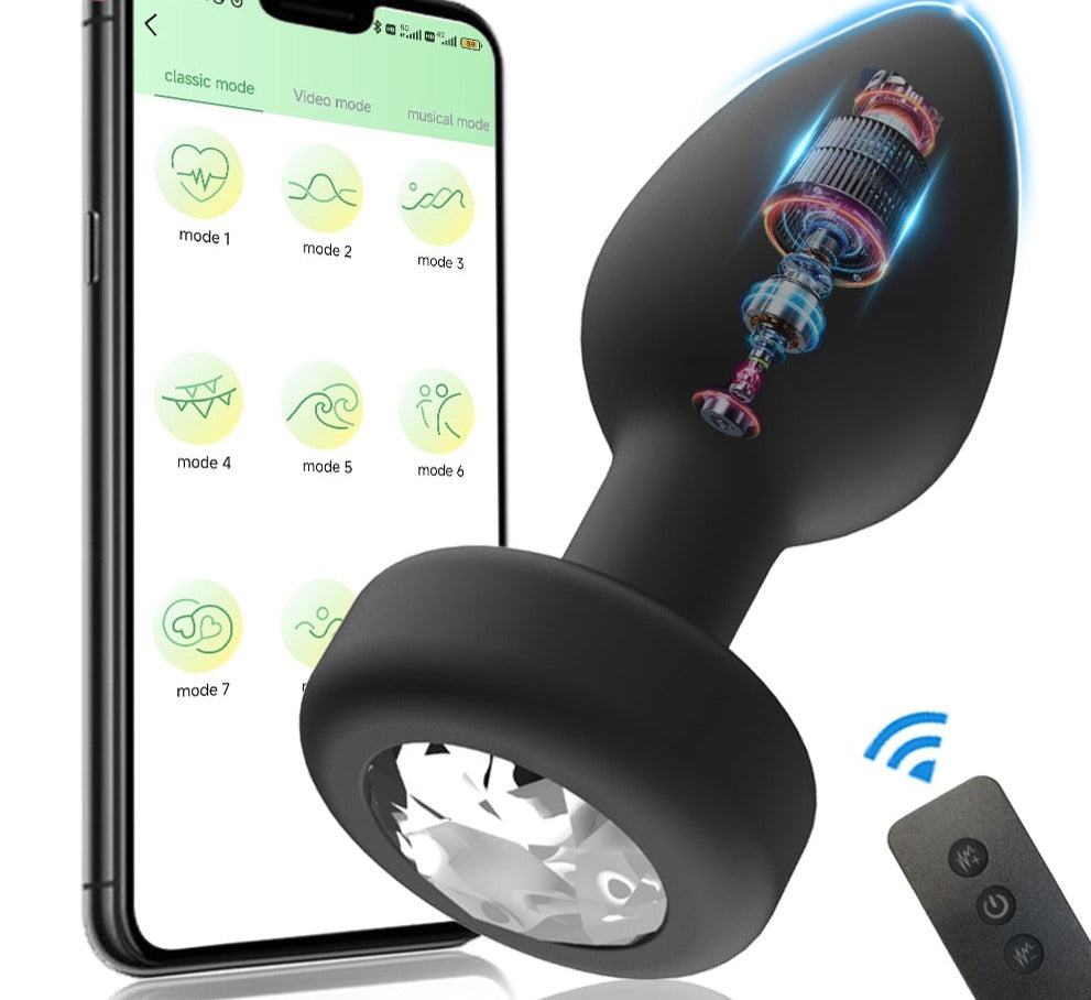 Black vibrating anal plug with faceted clear base, app interface, and remote control