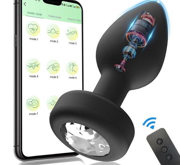 Black vibrating anal plug with faceted clear base, app interface, and remote control