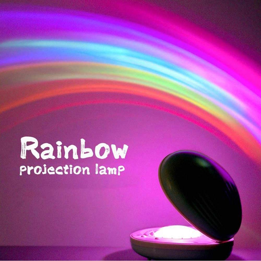 Rainbow projection lamp casting colorful arcs with its hinged black cover open