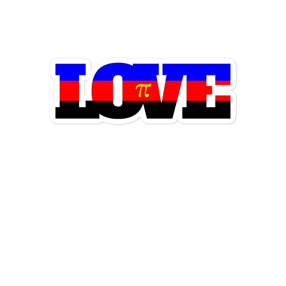 Bubble-free sticker spelling “LOVE” in blue, red, and black with a yellow pi symbol