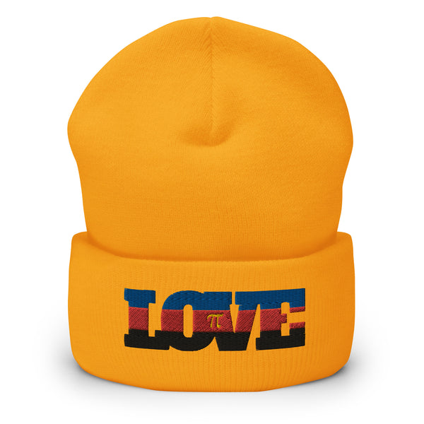 Front-facing gold cuffed beanie embroidered with a red, blue, and black striped LOVE design