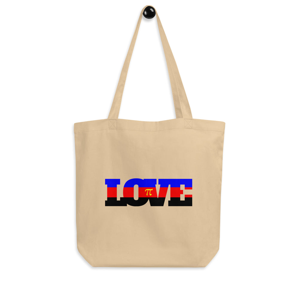 Front view of a natural canvas tote with a multicolor “LOVE” graphic and pi symbol