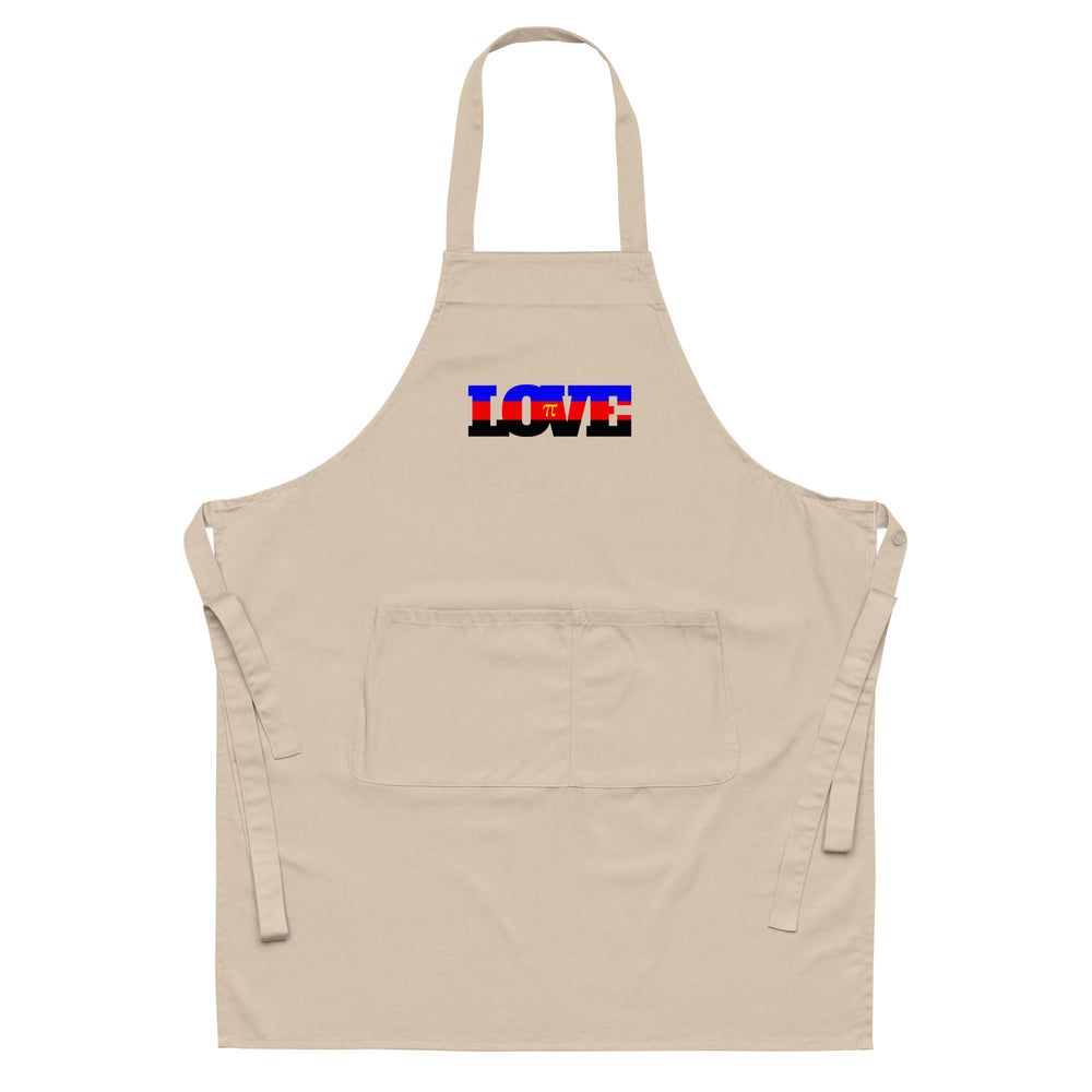 Front-facing beige apron with neck and waist ties, divided front pocket, and colorful LOVE graphic