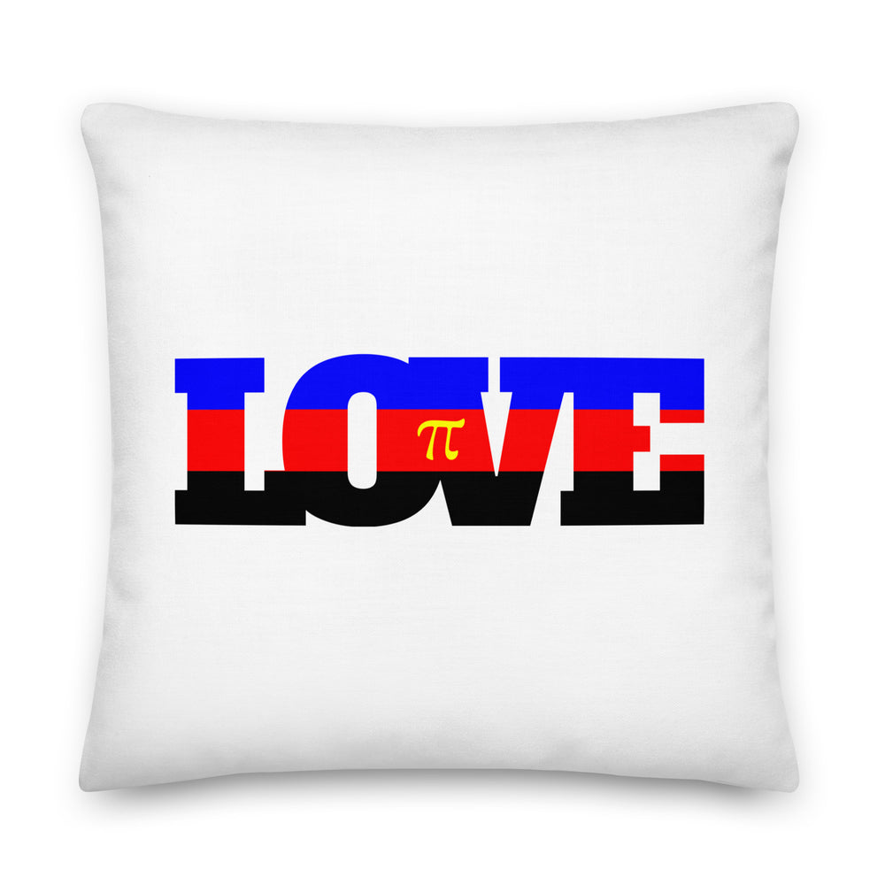 White square pillow with bold LOVE lettering in blue, red, and black stripes