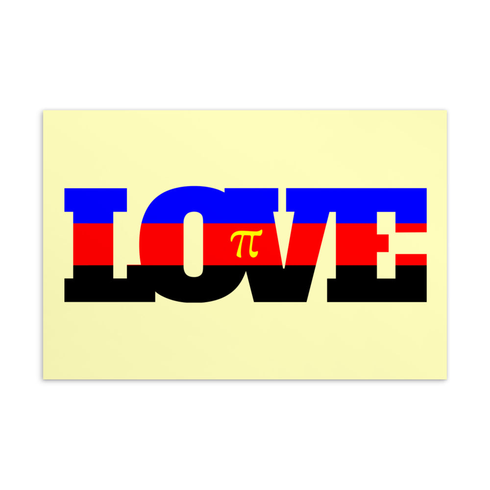 Yellow postcard with bold blue, red, and black “LOVE” lettering and a yellow pi symbol