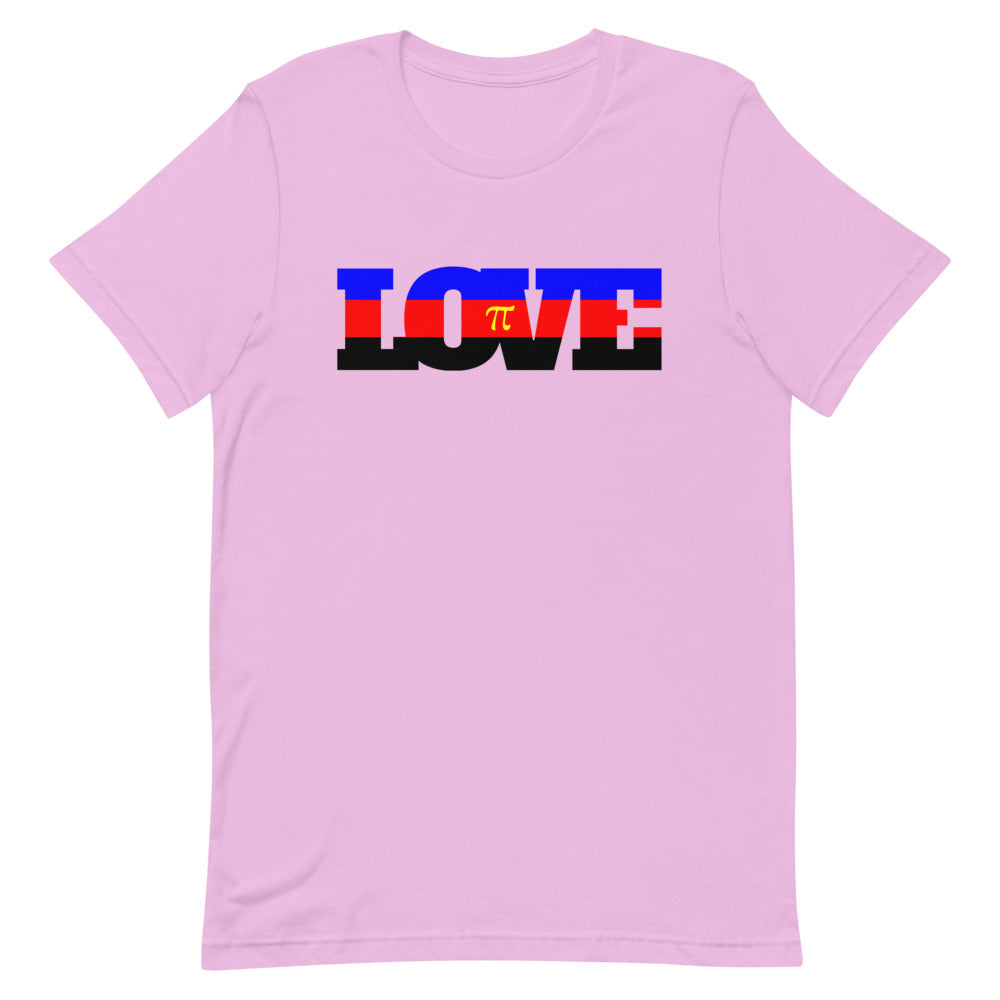 Front view of a lilac T-shirt with bold LOVE lettering in blue, red, and black