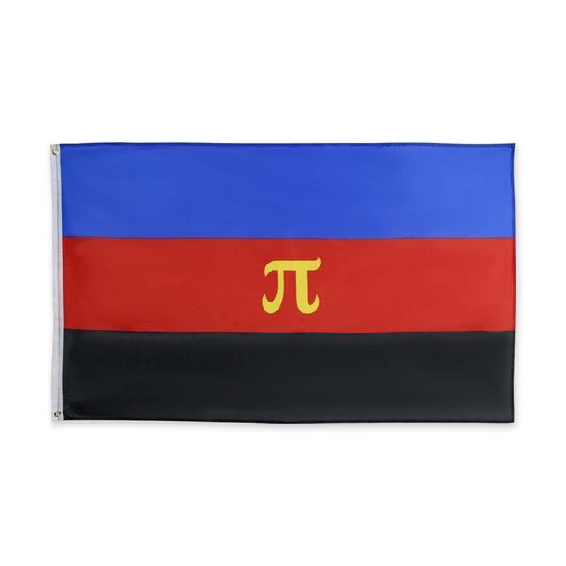Polyamory pride flag with blue, red, and black stripes and a yellow pi symbol