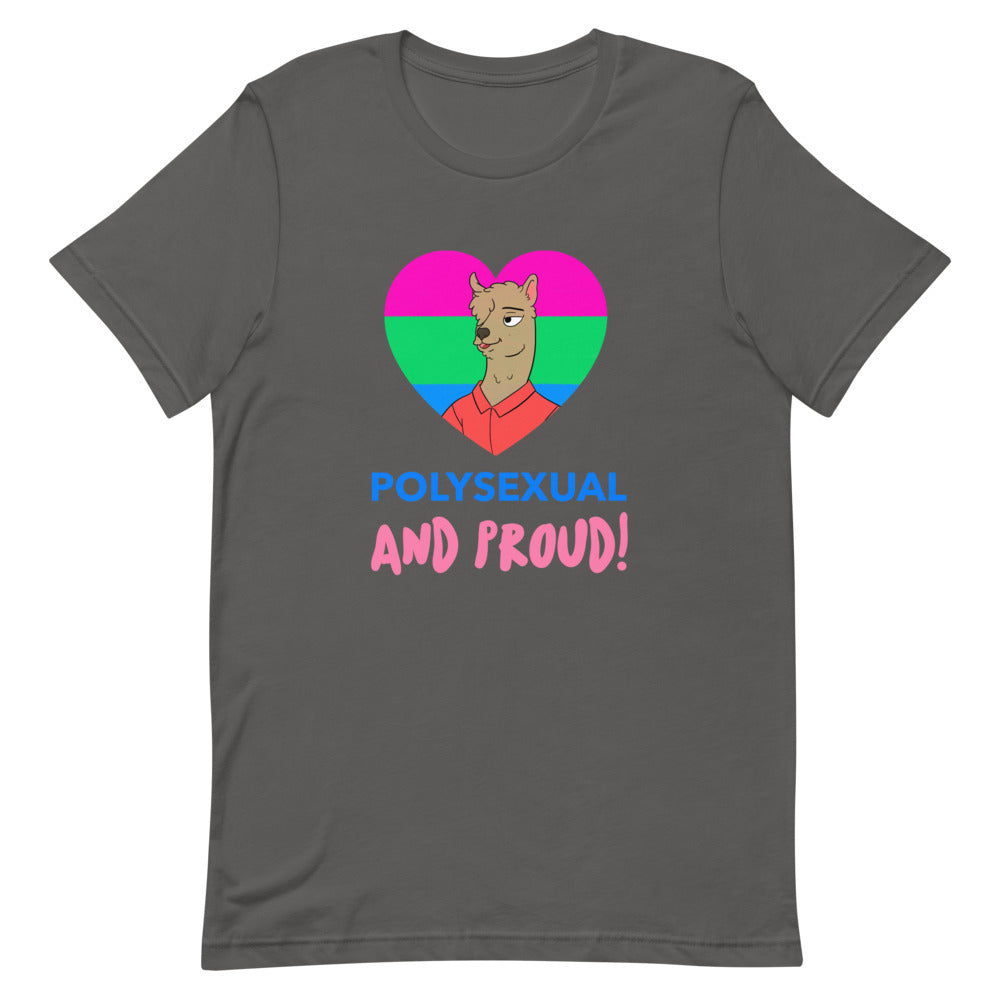 Front view of a charcoal T-shirt reading “POLYSEXUAL AND PROUD!” with a llama in a pride-colored heart