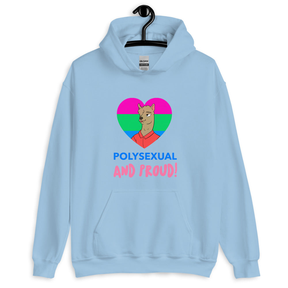 Light blue hoodie on a hanger with a heart graphic and “POLYSEXUAL AND PROUD!” text