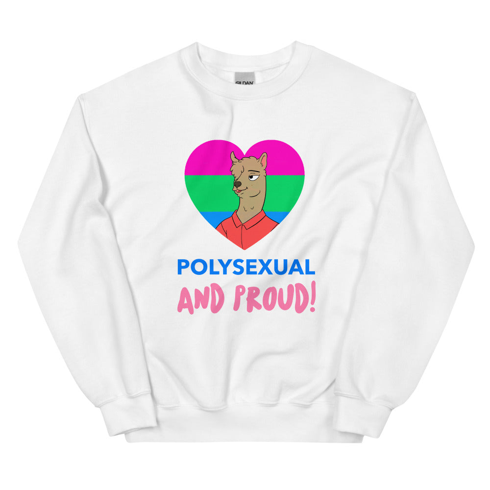 Front view of a white sweatshirt with a cartoon llama in a multicolor heart and “POLYSEXUAL AND PROUD!”