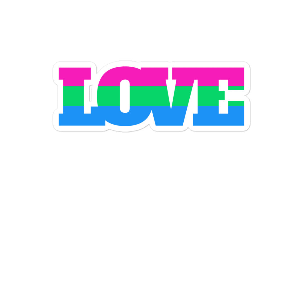 Bubble-shaped sticker reading “LOVE” in pink, green, and blue stripes