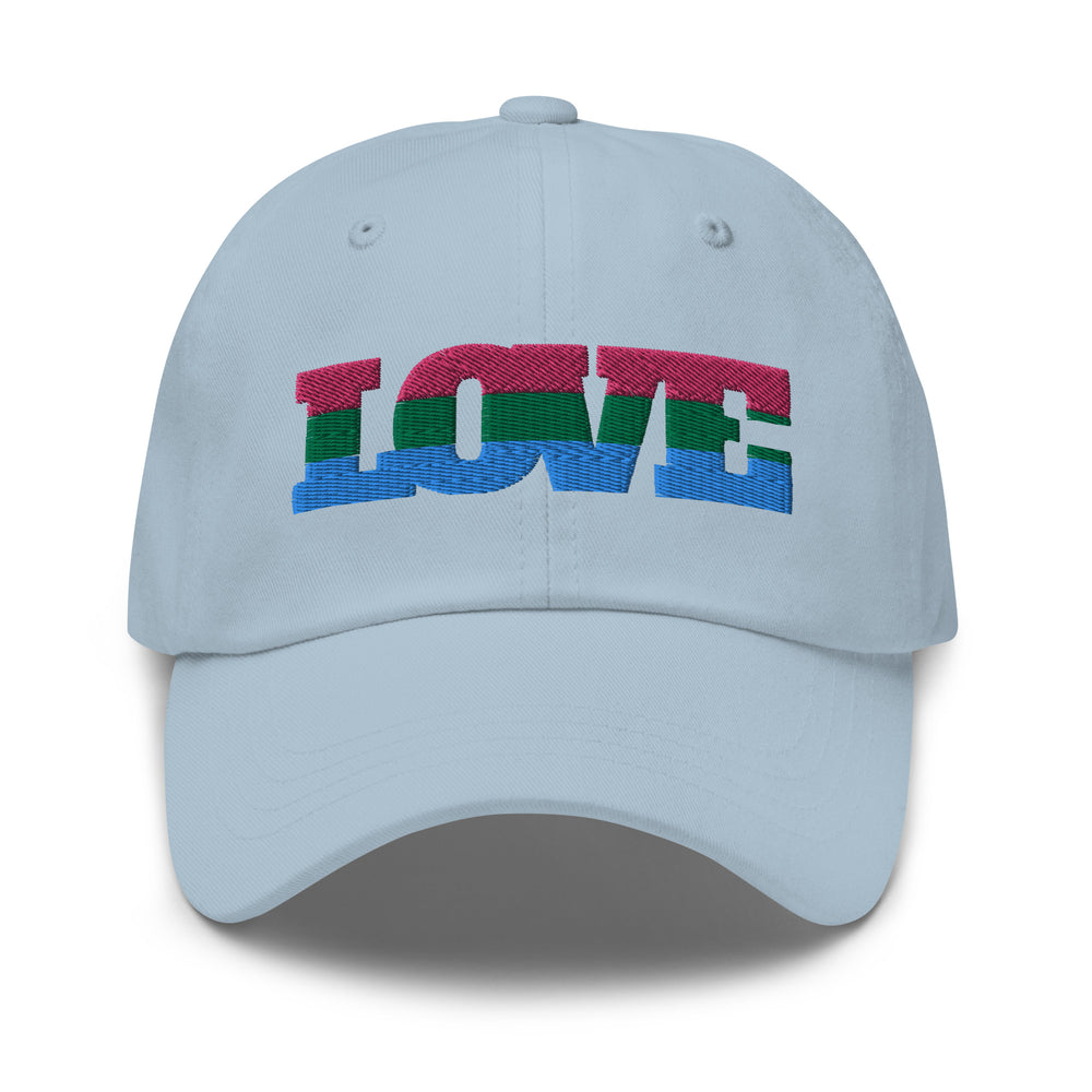 Front view of a light blue baseball cap embroidered with “LOVE” in pink, green, and blue