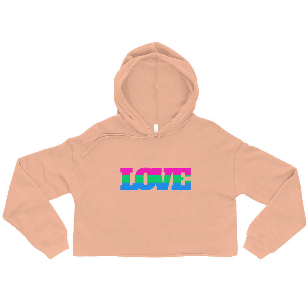 Peach cropped hoodie laid flat with a colorful LOVE graphic on the front