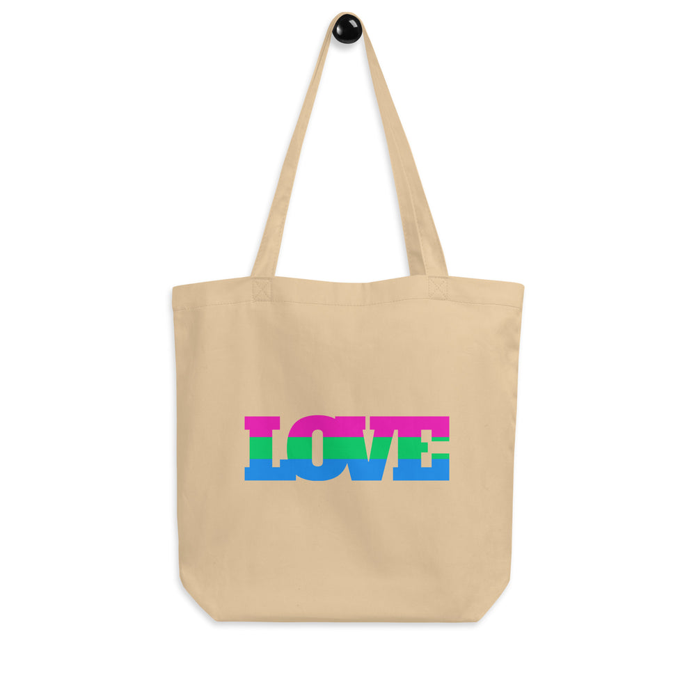 Front-facing oyster canvas tote bag with long handles and multicolor LOVE lettering