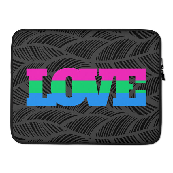 Black laptop sleeve with a gray leaf pattern and large pink, green, and blue “POLY” lettering