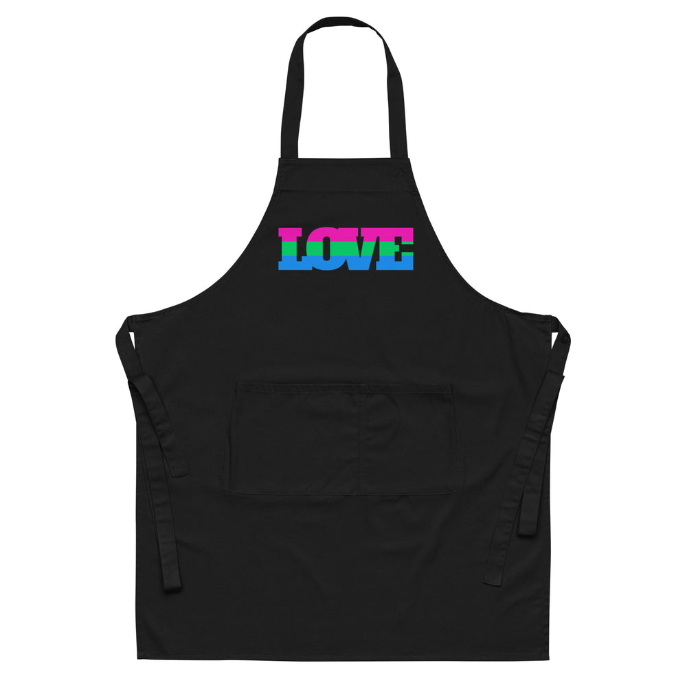 Front view of a black apron with a rainbow-striped “LOVE” graphic and large front pocket