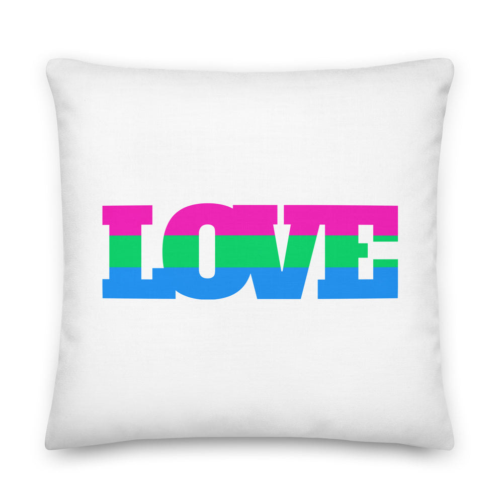 White square pillow with bold LOVE lettering in pink, green, and blue stripes