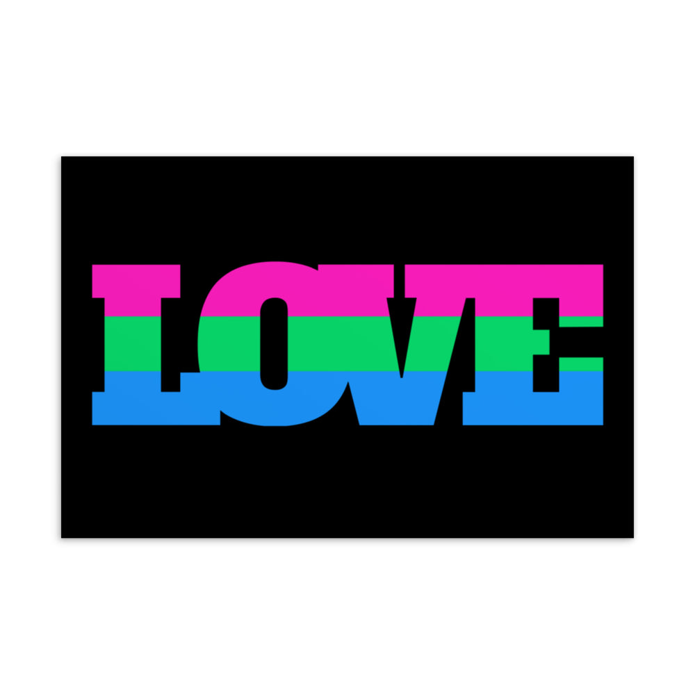 Postcard with the word “LOVE” in pink, green, and blue stripes on black