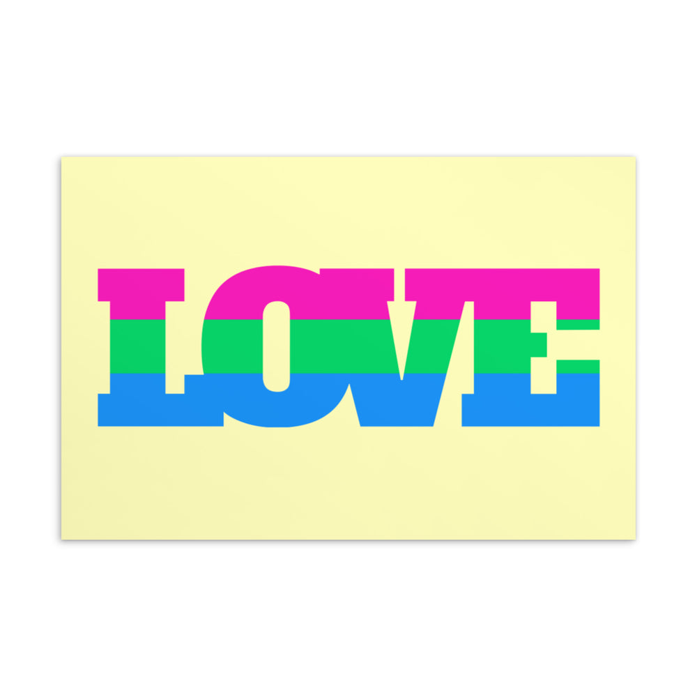 Postcard with the word “LOVE” in large pink, green, and blue block letters on pale yellow