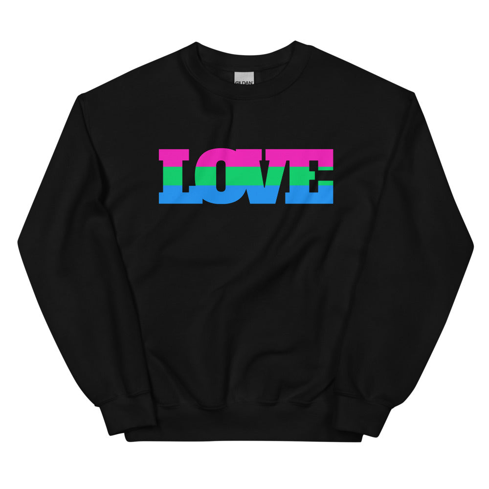 Front-facing black sweatshirt with large LOVE lettering in pink, green, and blue stripes
