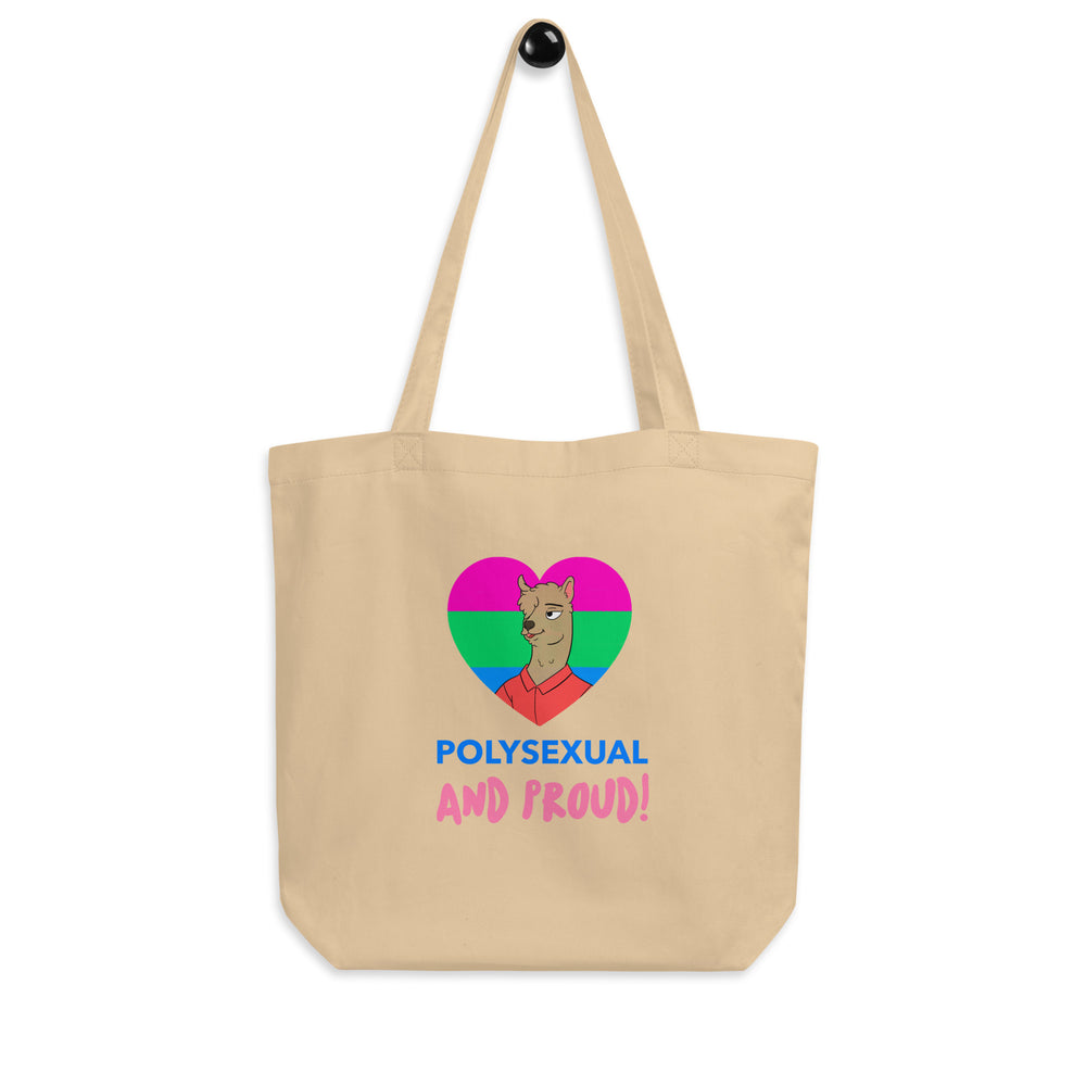 Beige tote bag with a colorful heart, cartoon wolf, and “POLYSEXUAL AND PROUD!” text