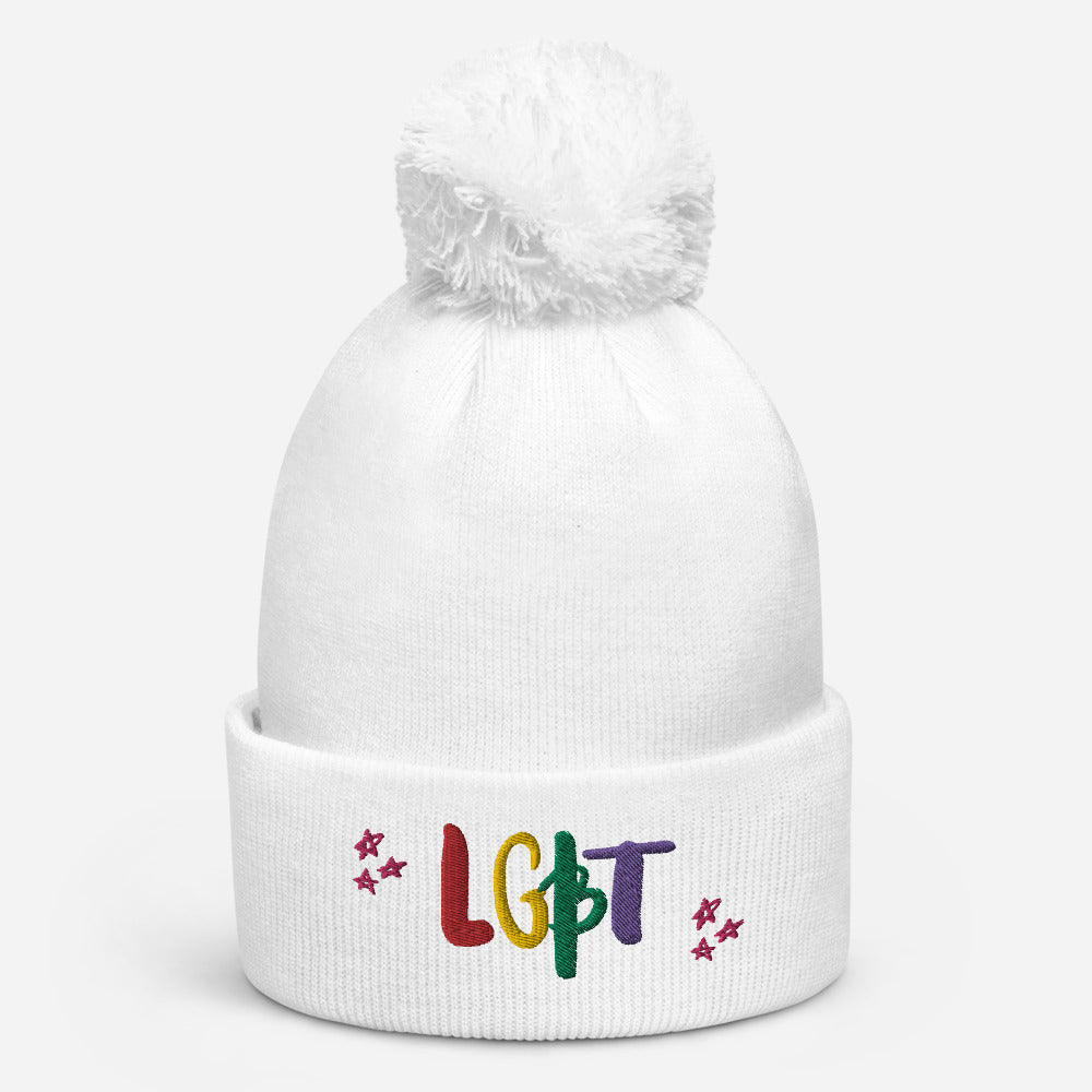 White knitted pom-pom beanie embroidered with colorful “LGBT” lettering and small stars