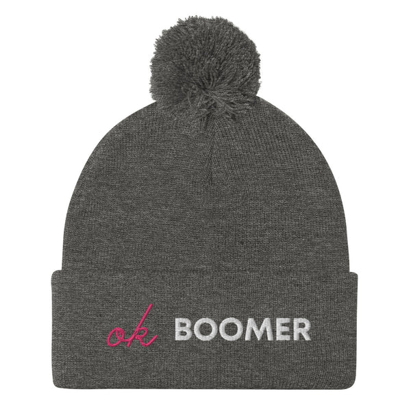 Dark Heather Grey Ok Boomer Pom-Pom Beanie by Queer In The World Originals sold by Queer In The World: The Shop - LGBT Merch Fashion